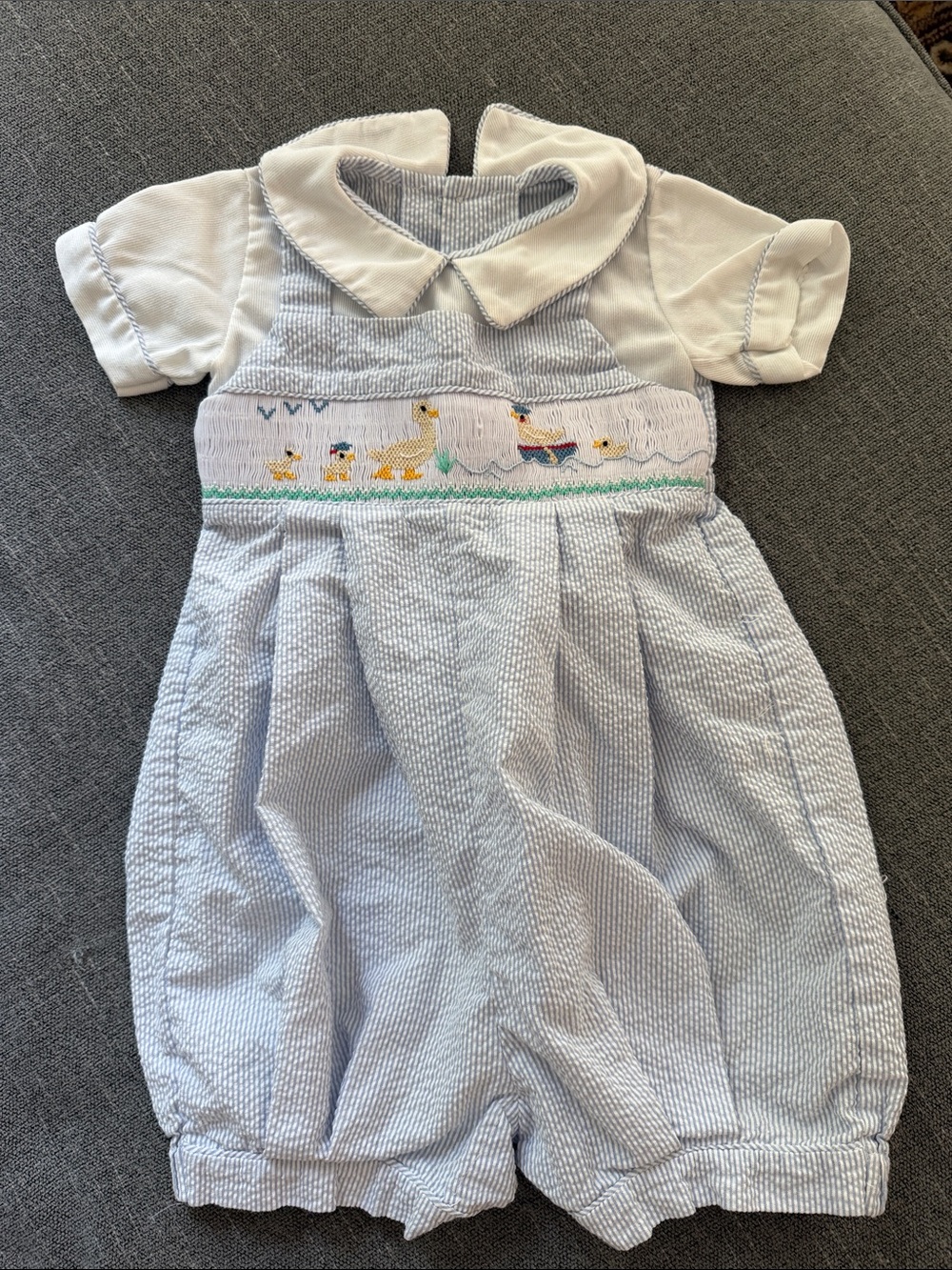 Vintage Light Blue and White Smocked Duck One-Piece